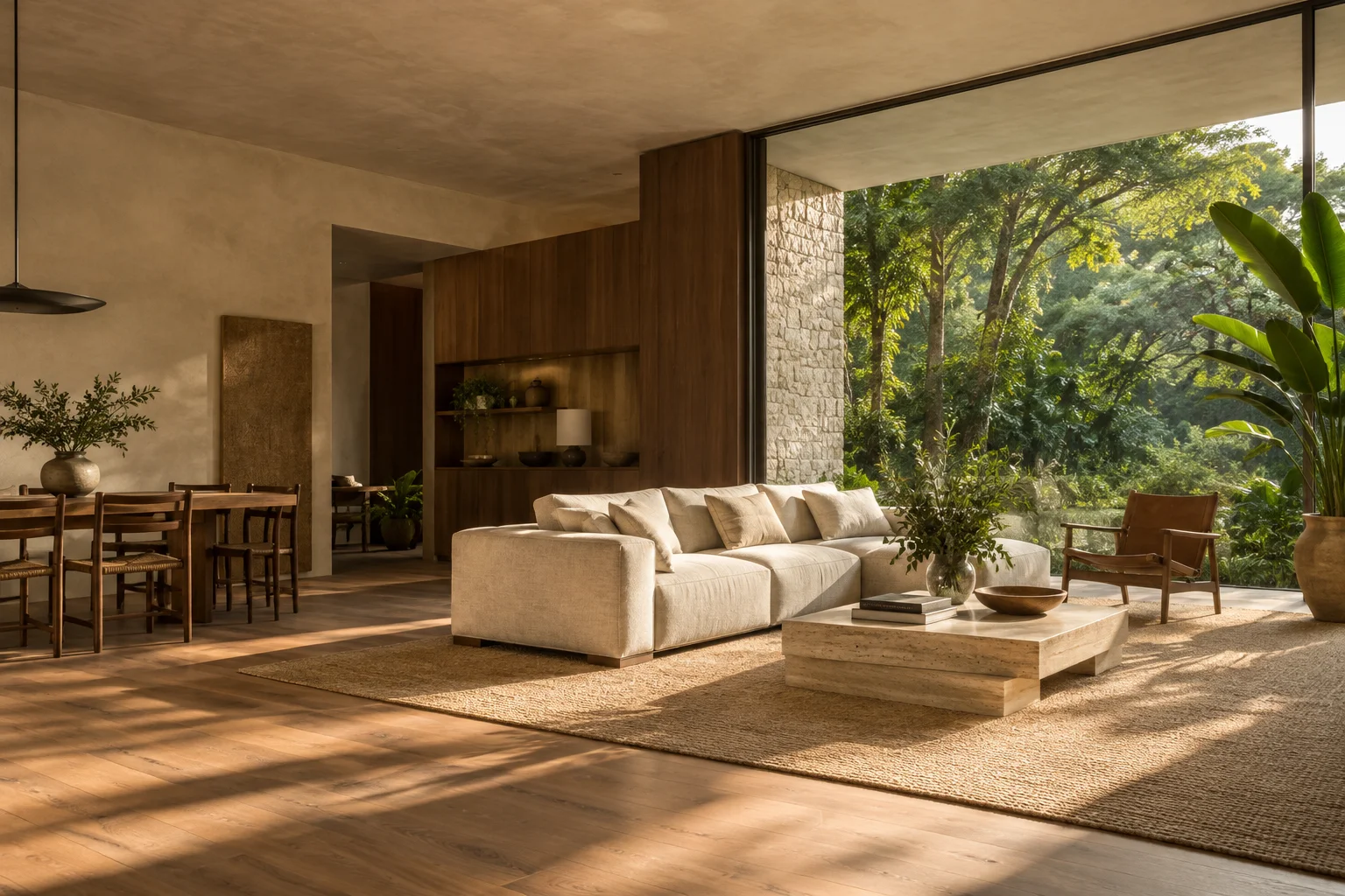 Sala de estar com sofá de linho, mesa de travertino e jardim integrado à casa